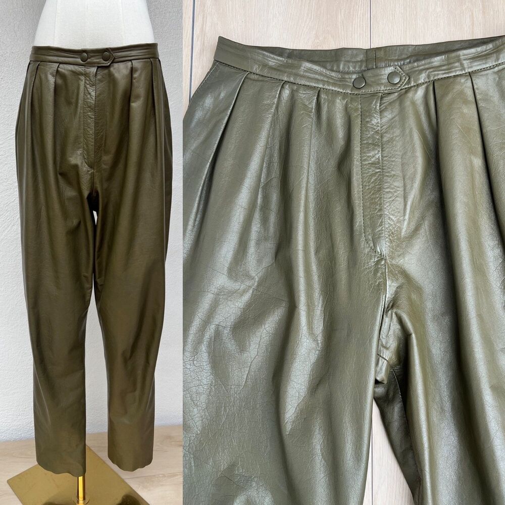 Vintage Jota U. Cueros Olive Green High Rise Pleated Leather Pants Size10 Tall